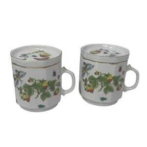 Vtg House of Ardalt Strawberry Butterfly Mugs‎ with Lids Set of 2 Gold Trim